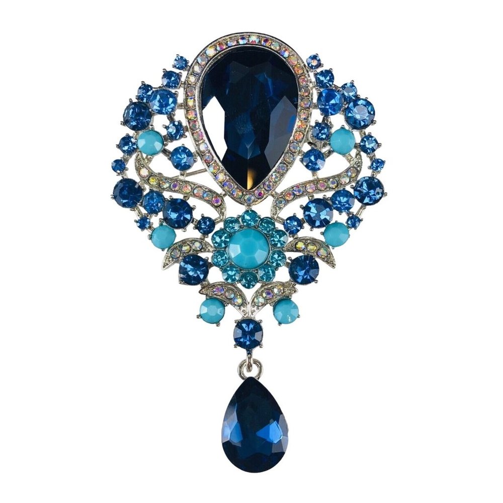 Brooch Victorian Style Rhinestones Aqua & Blue - Picture 1 of 2